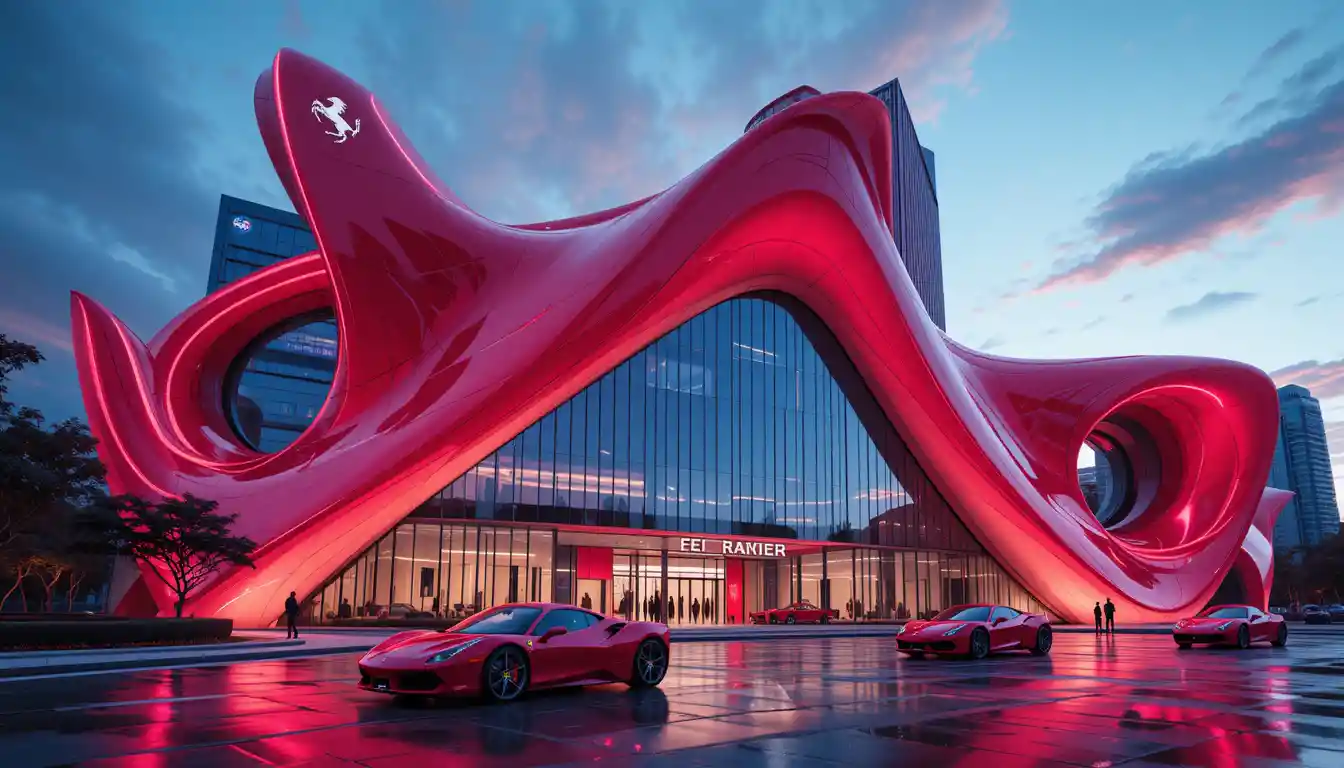 Torre de vidrio futurista con arquitectura de lujo iluminada por neones