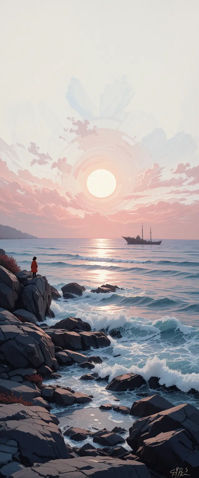 夢幻印象派海景：岩石與柔和海浪