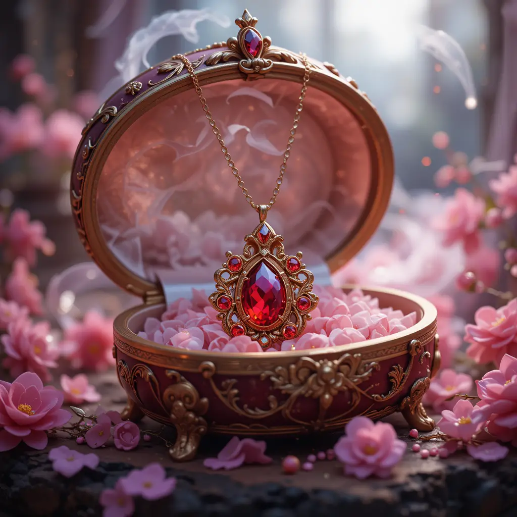 Collana rossa magica in un portagioie da fiaba