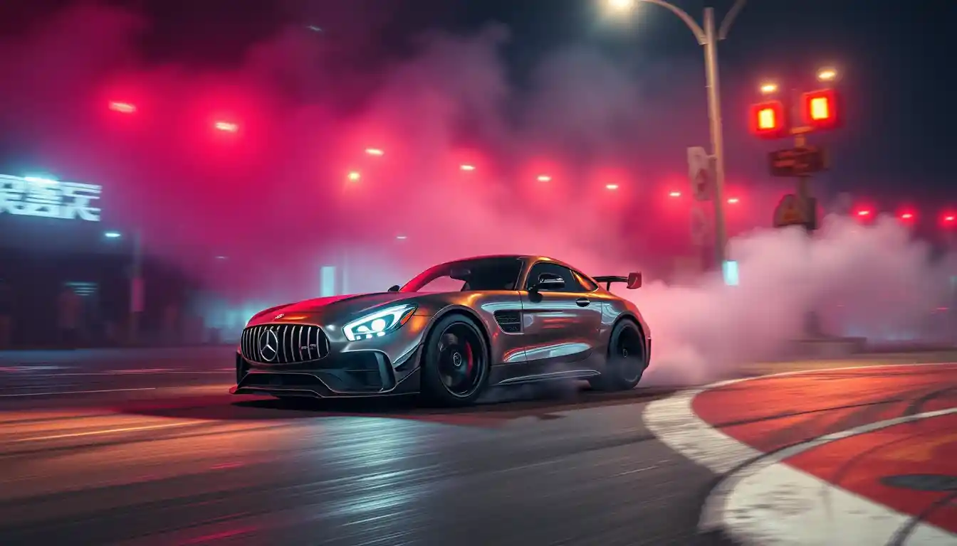 Mercedes-Sportwagen driftet durch neonbeleuchtete Straßen im nächtlichen Shanghai