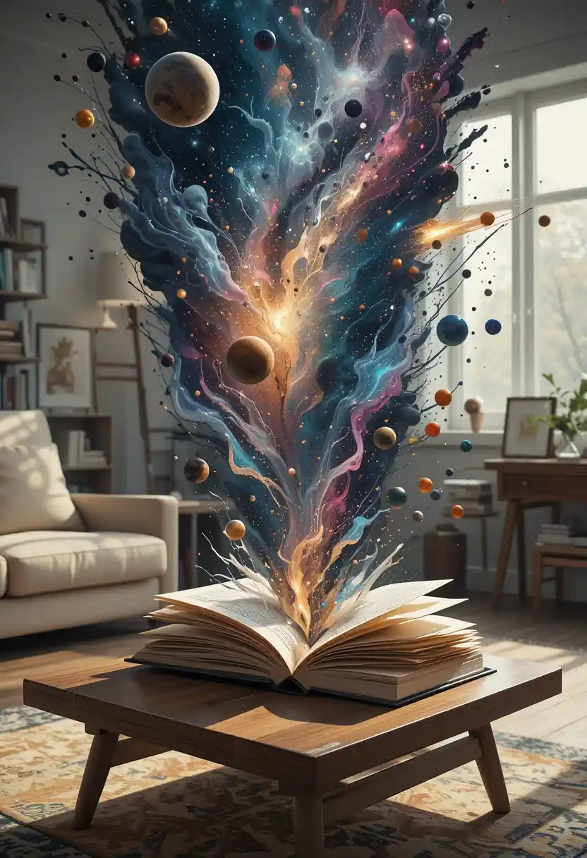 Cosmo astratto che esplode da un libro aperto sul tavolino da caffè