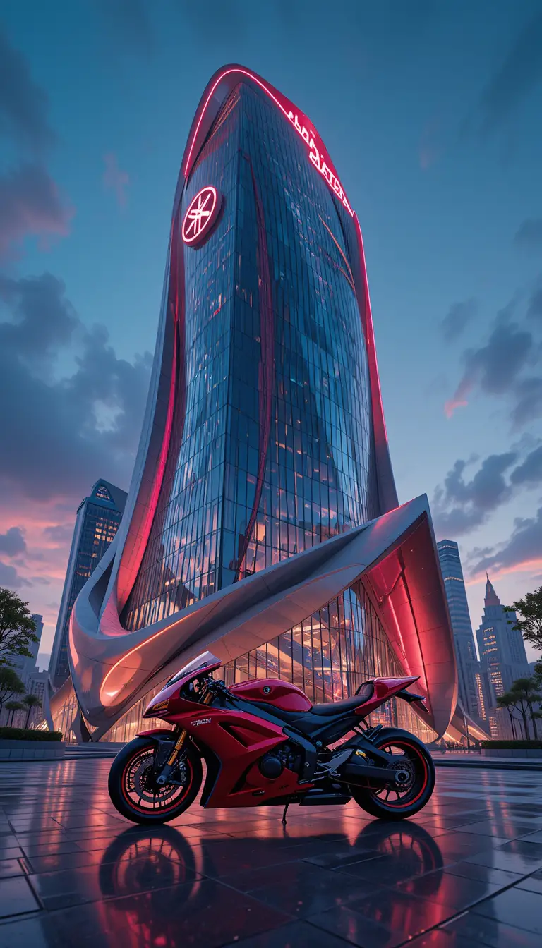 霓虹燈玻璃外牆的未來感 Yamaha 賽車塔