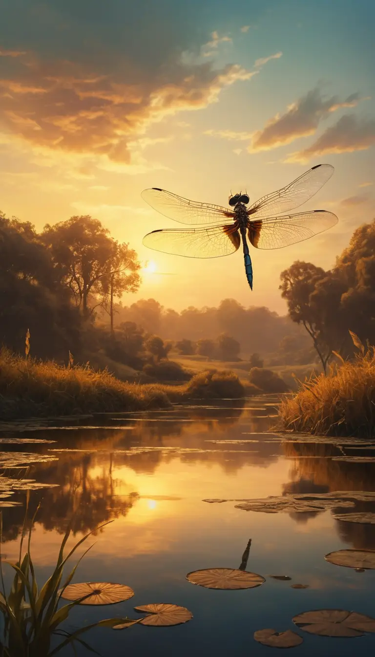 Libelle im goldenen Sonnenuntergang über traumhafter Landschaft