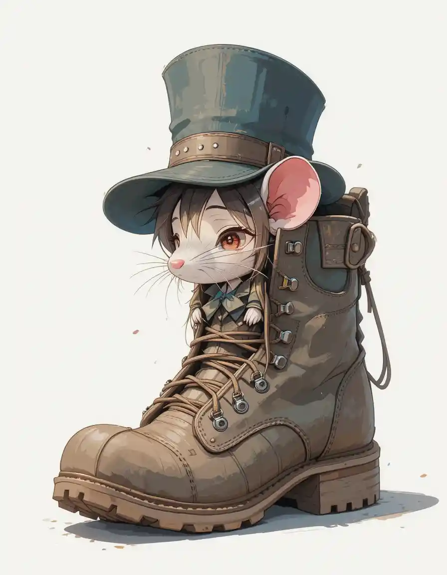 Cute chibi mouse peeking from a worn hiking boot