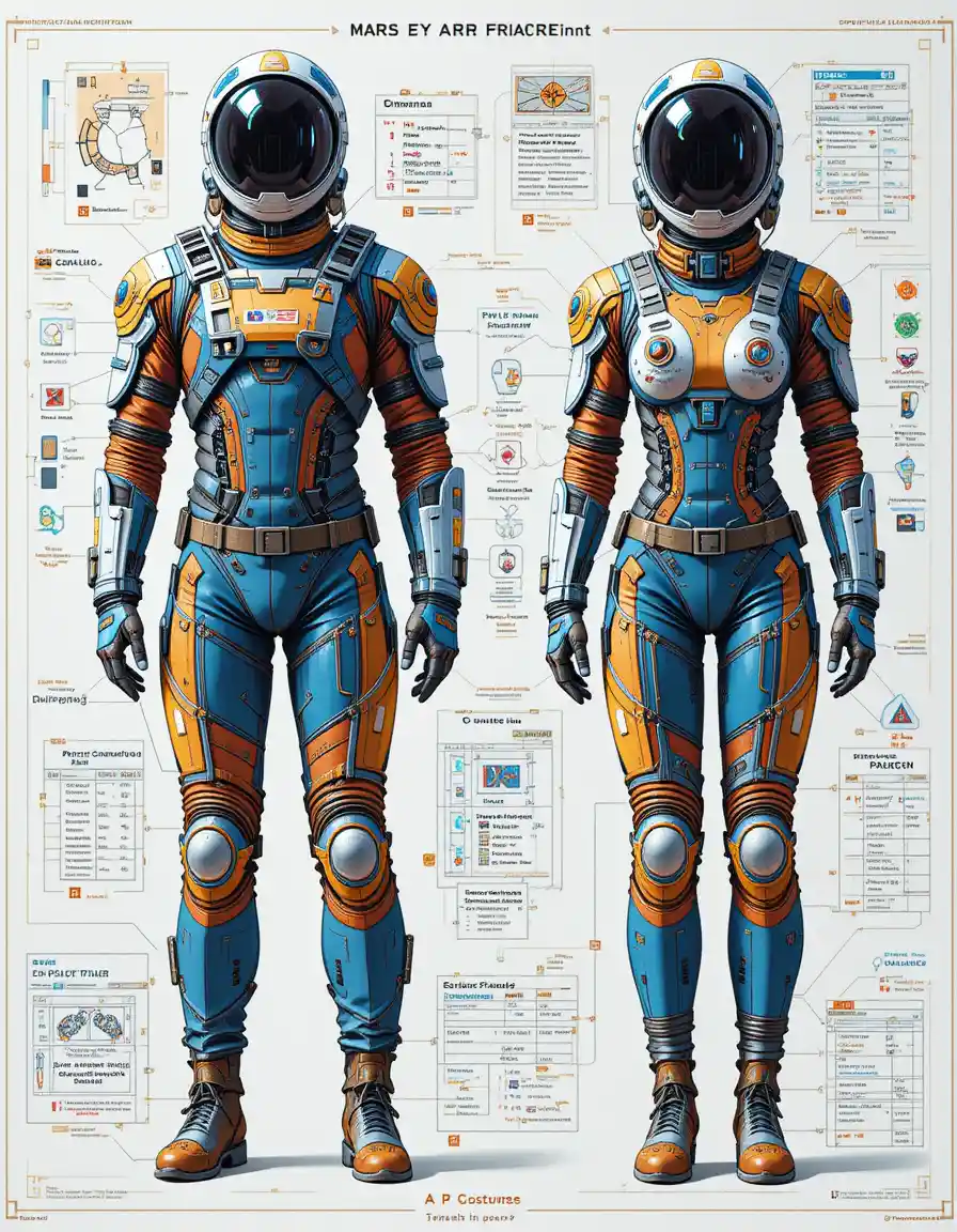 Colorful technical concept art of mars space suit design