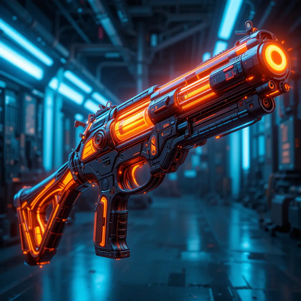 Pistolet néon futuriste avec détails sci‑fi cyberpunk