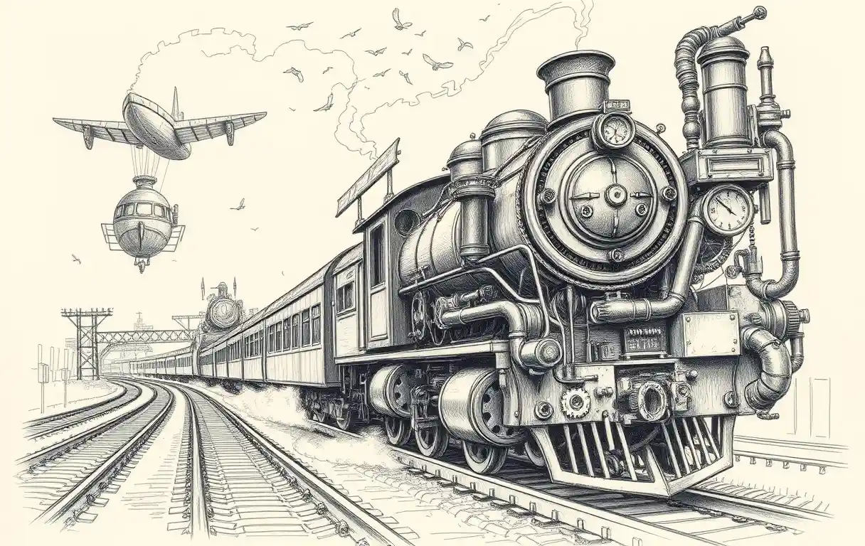 Steampunk train arriving in a victorian industrial city