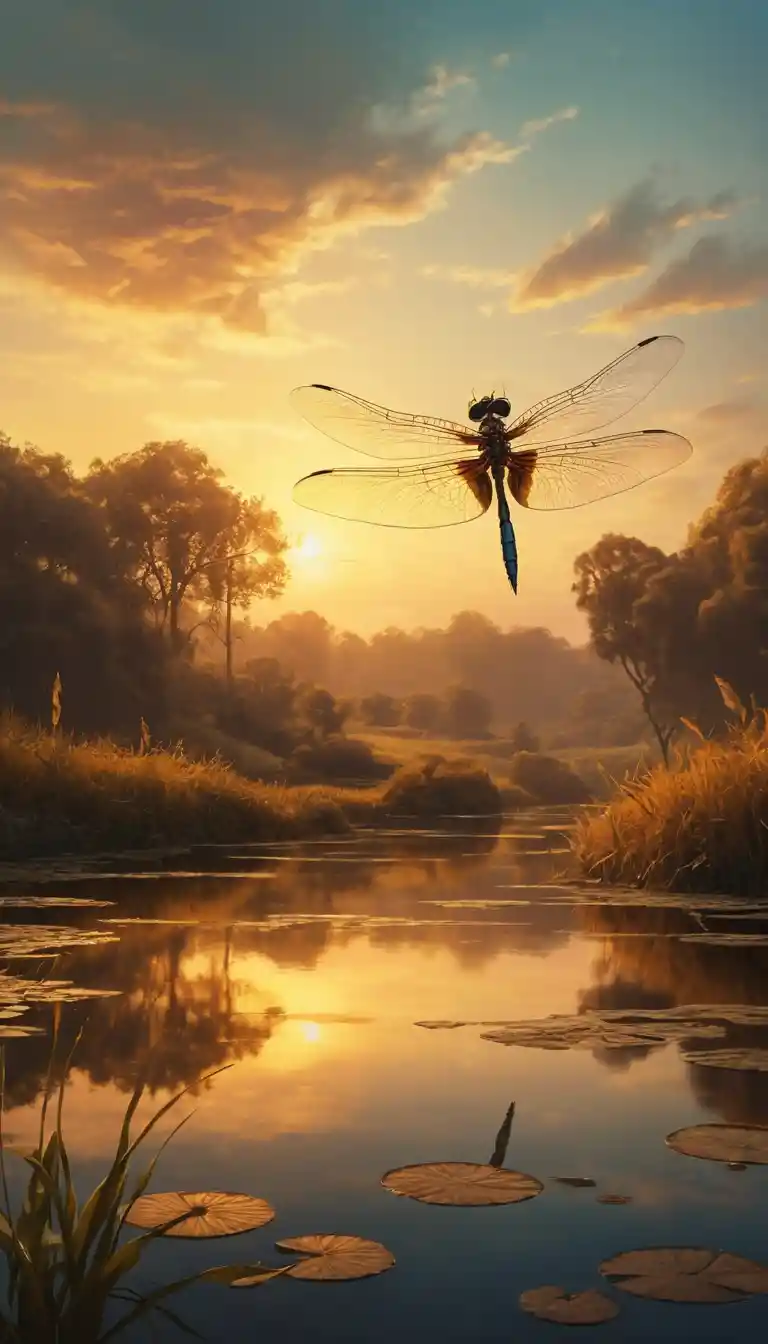 Libellula che vola nel tramonto dorato su un paesaggio da sogno
