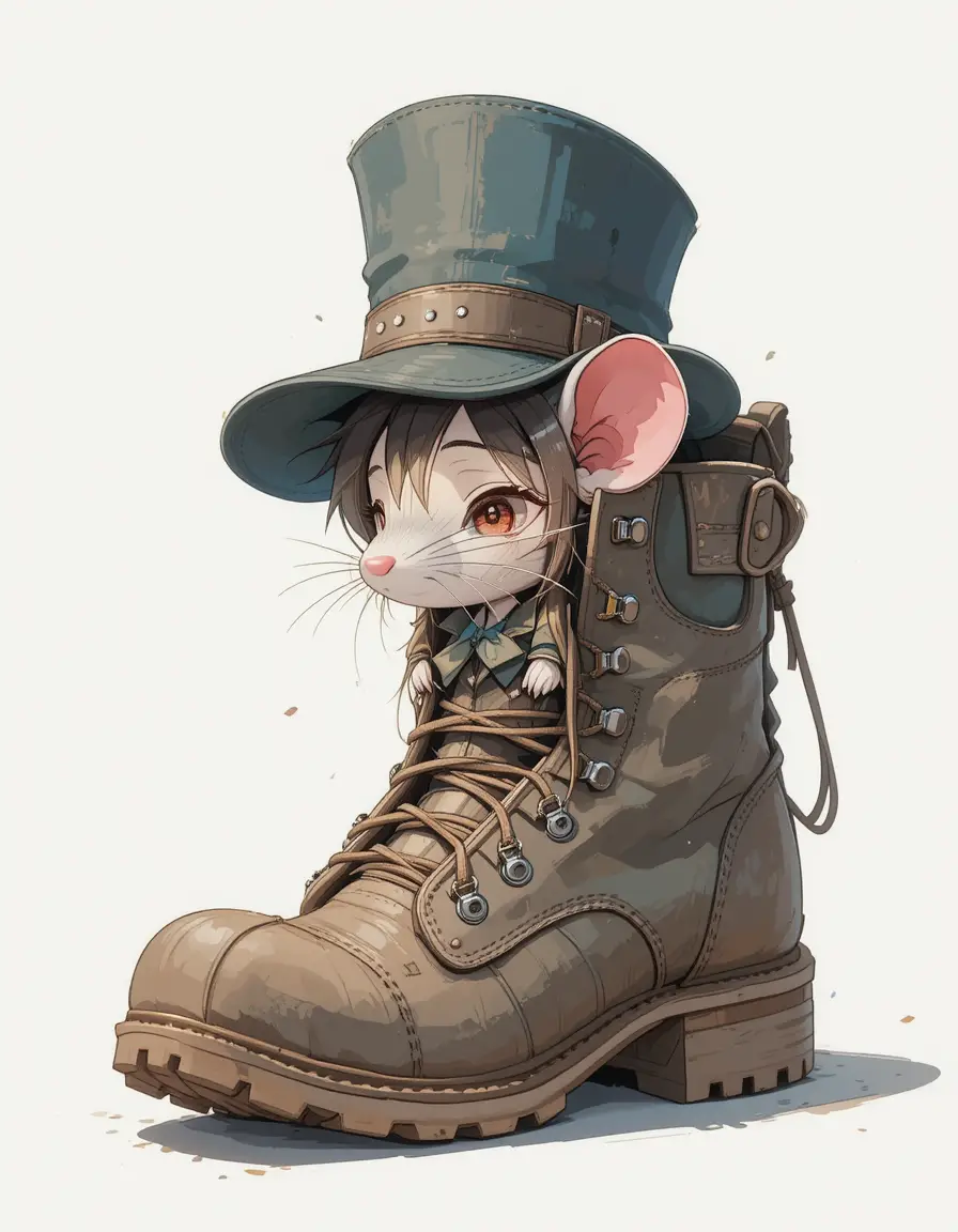 Süße Chibi-Maus lugt aus einem abgenutzten Wanderschuh