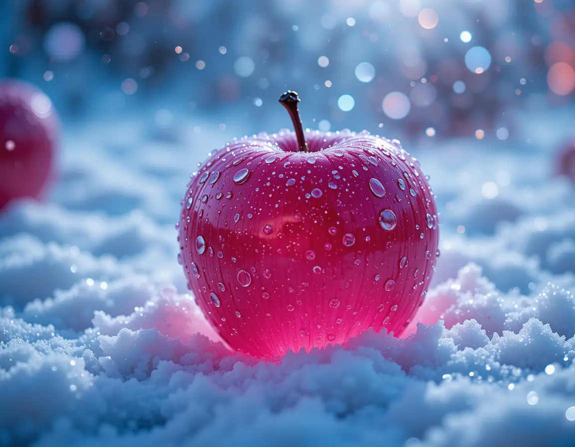 雪中霓虹粉紅蘋果與閃耀水珠
