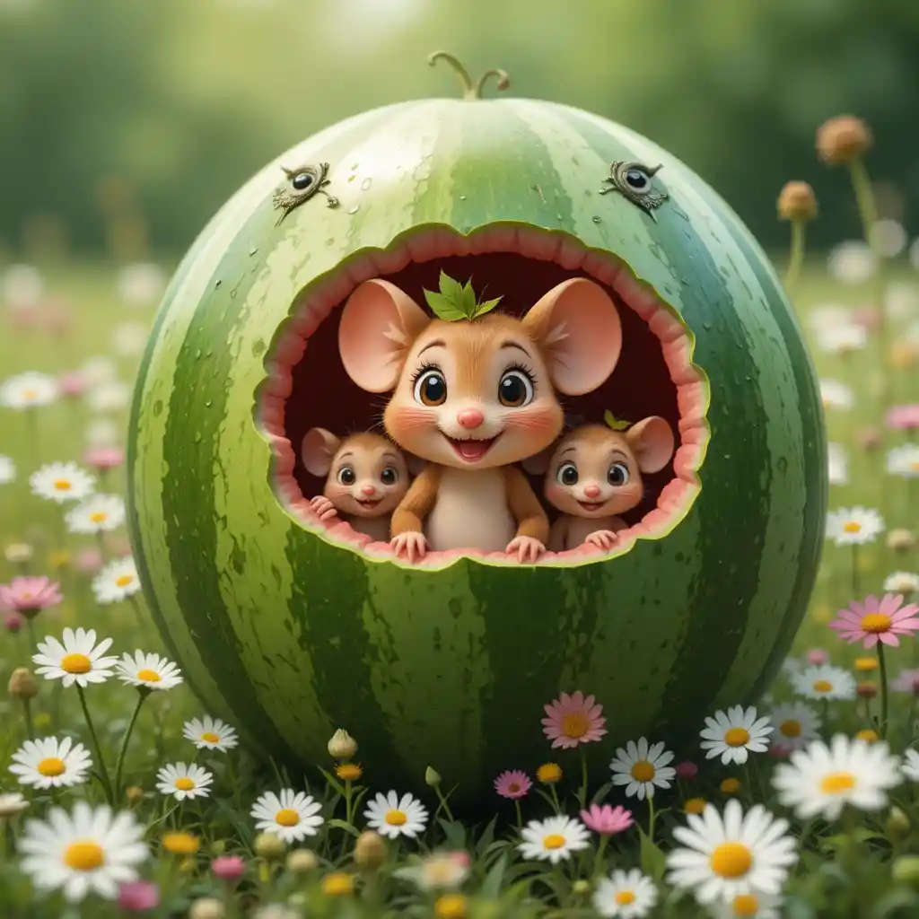 Playful Mouse Family Inside Watermelon In Flower Field