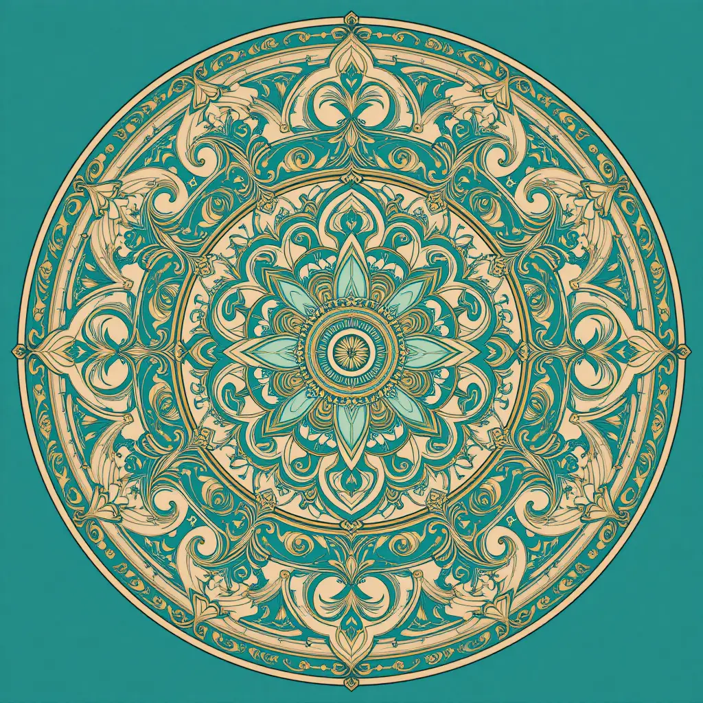Mandala complexe bleu sarcelle et or à symétrie florale