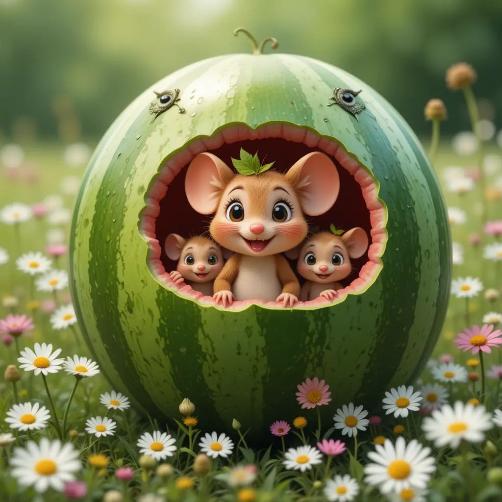 Verspielte Mäusefamilie in einer Wassermelone im Blumenfeld