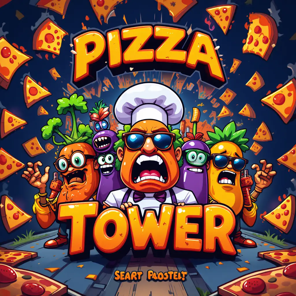 Retro-Pizza-Arcade-Titelbildschirm mit Cartoonfiguren
