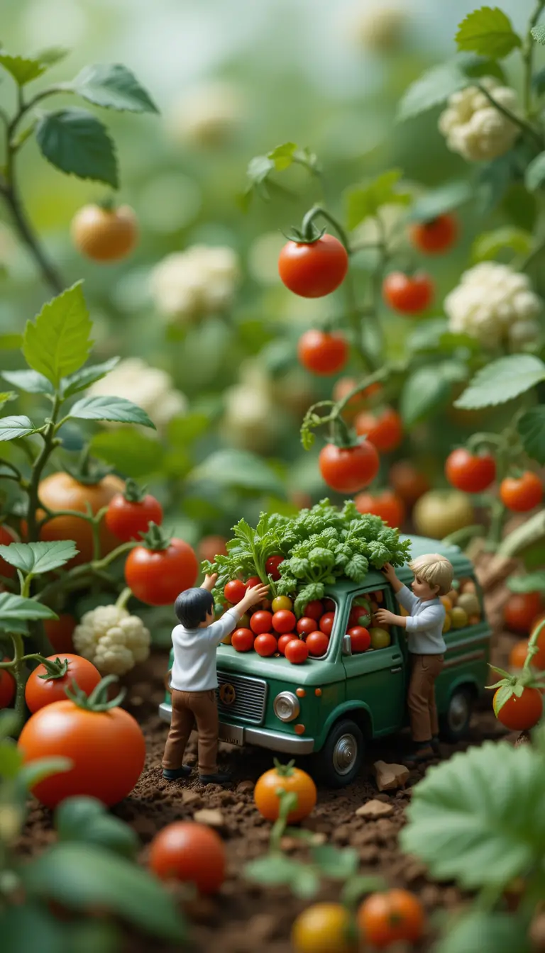 Personaggi in miniatura che sollevano verdure in un giardino rigoglioso
