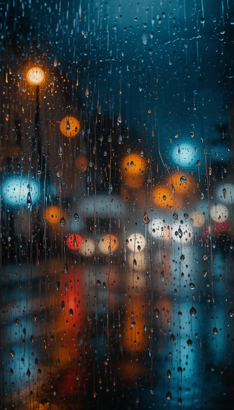 大雨拍打窗戶，模糊了夜晚城市燈光
