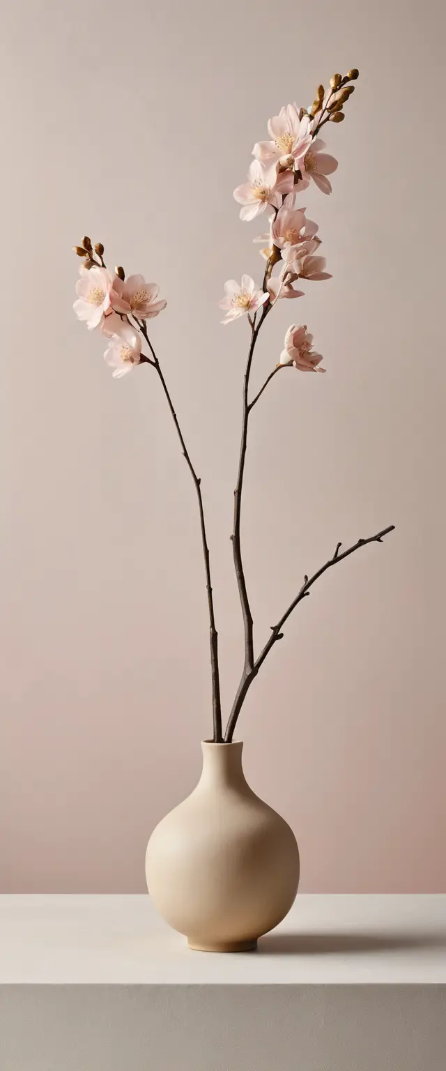 Vase minimaliste avec branche fleurie sur fond doux