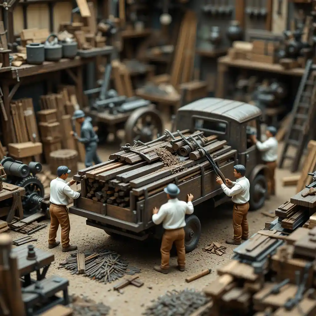 Miniature workers loading metal beams in a busy workshop