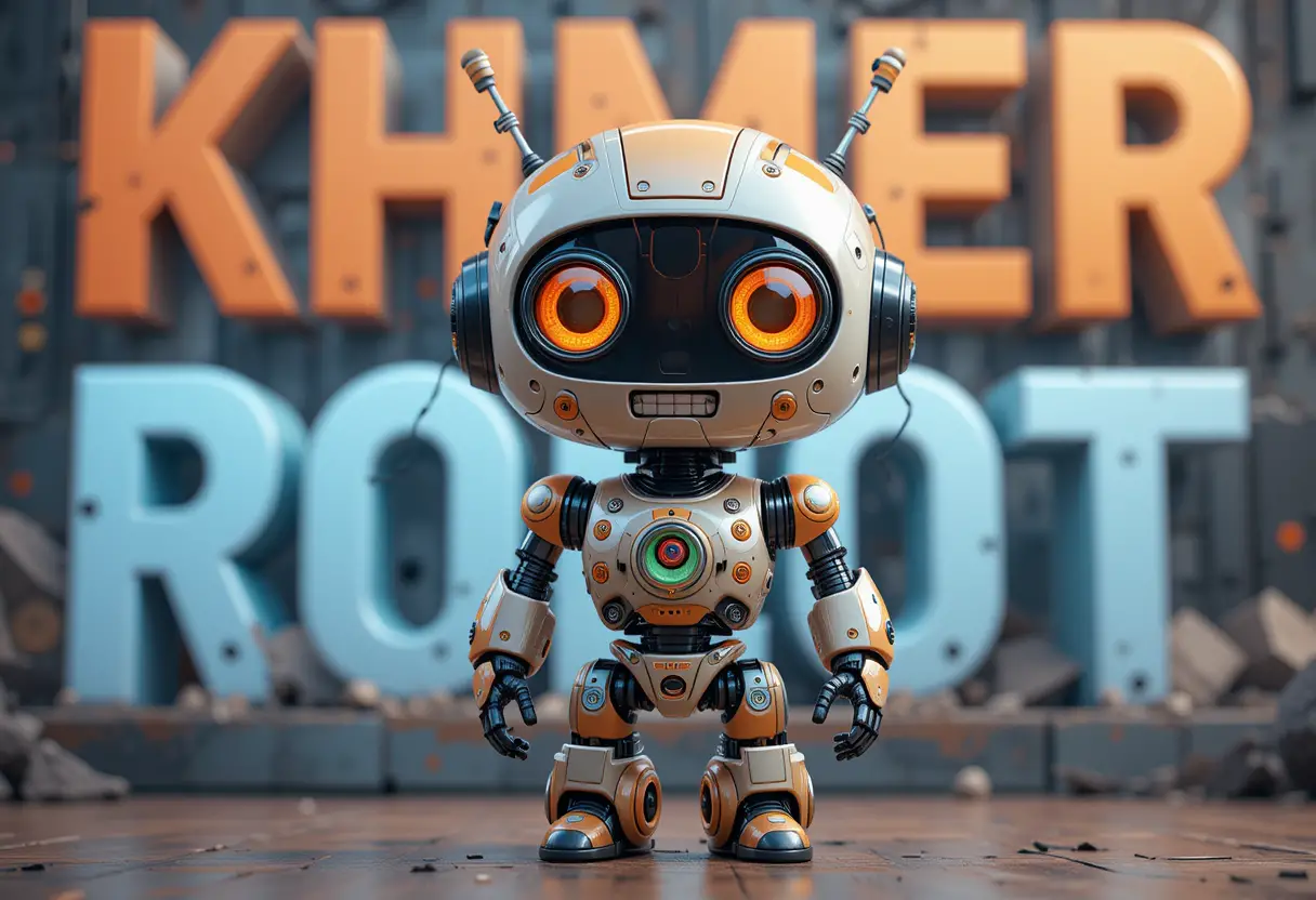 Tierno robot kawaii con detalles mecánicos y texto