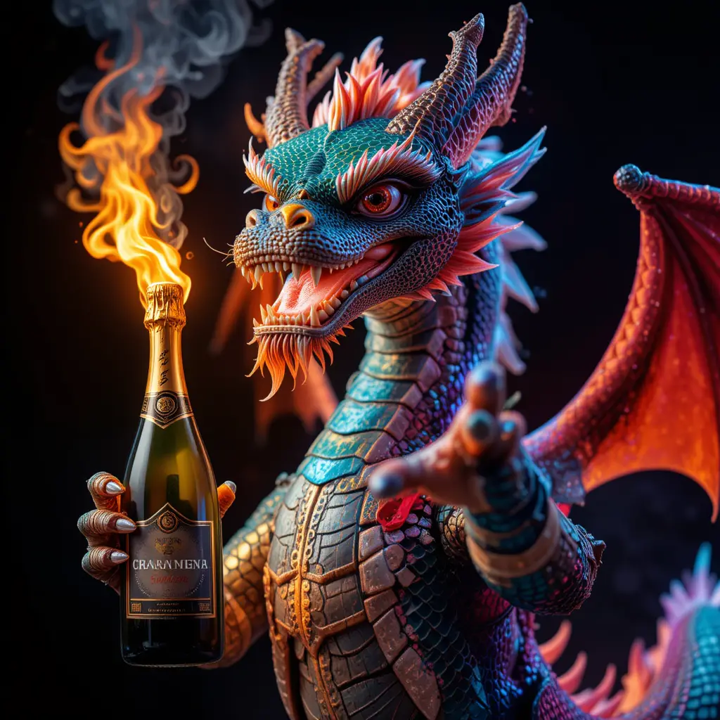 Realistic dragon mascot holding champagne against black background