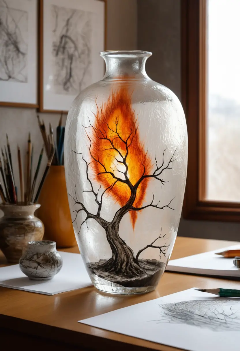Cracked drought ground reflected in painted glass vase