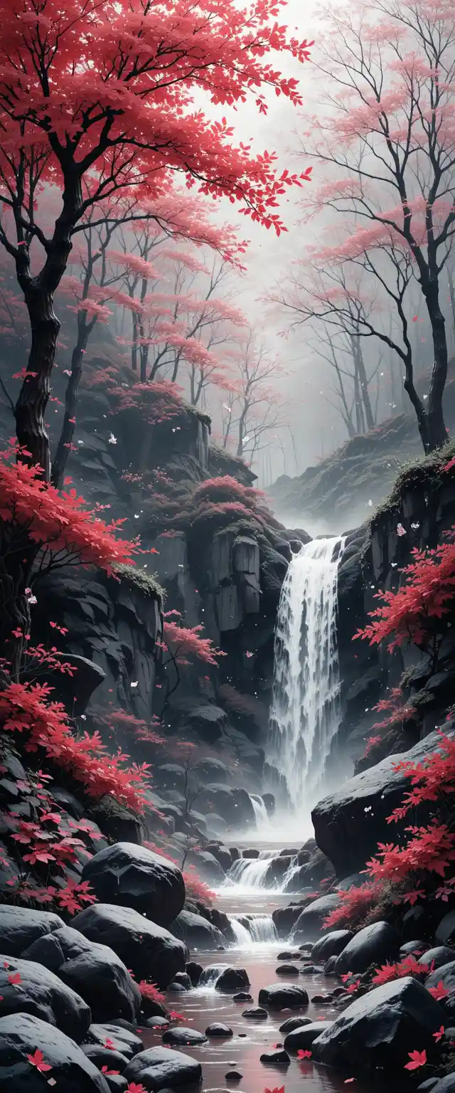 Wald-Wasserfall in Aquarell mit sanft herabfallendem Text
