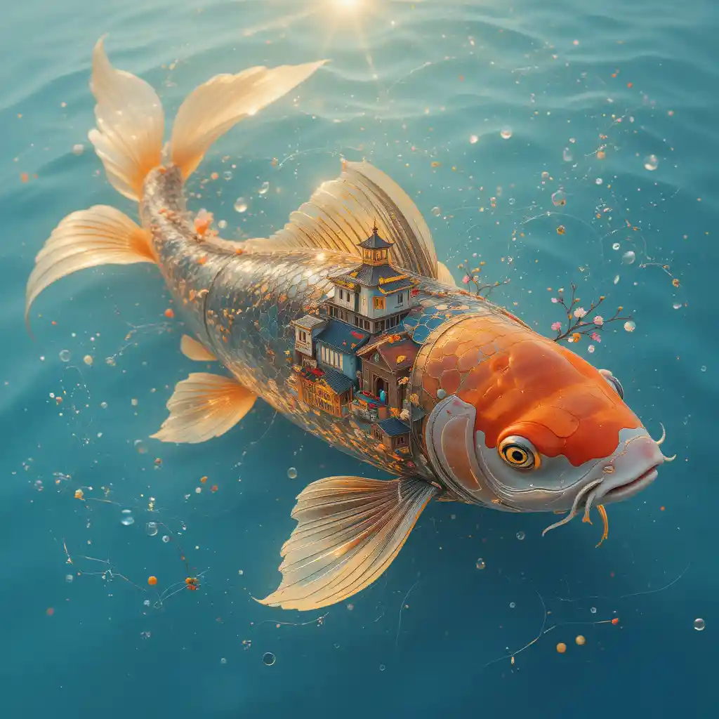 碧藍水中擁有村莊魚鱗的超現實錦鯉