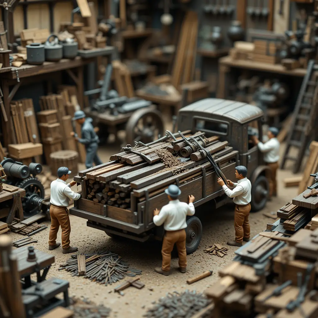 Lavoratori in miniatura che caricano travi metalliche in un'officina affollata