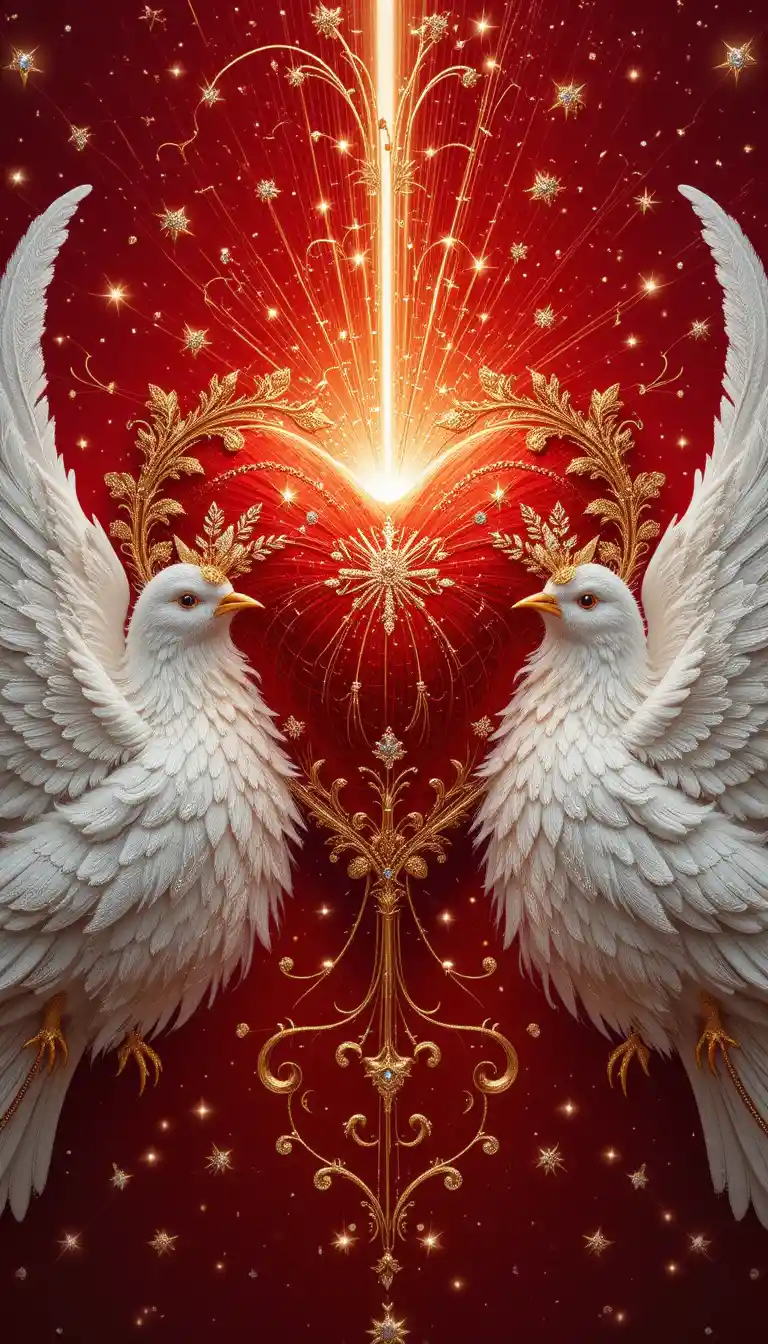 White doves with jeweled red heart in soft glowing light