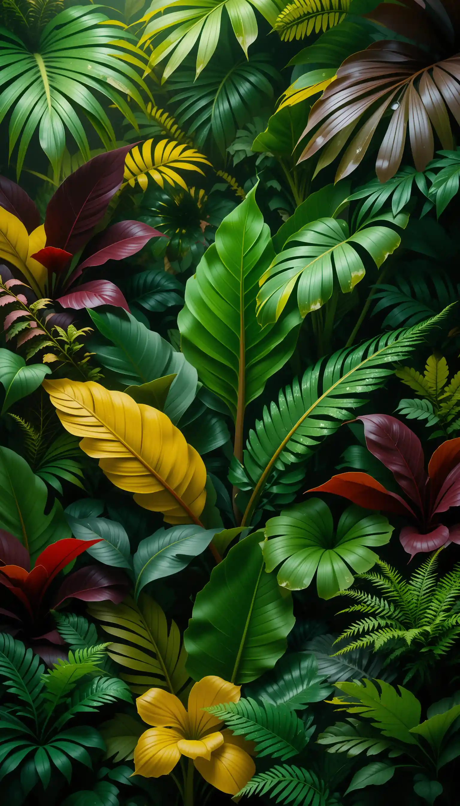 Rigogliose foglie tropicali con rugiada nella luce della foresta pluviale