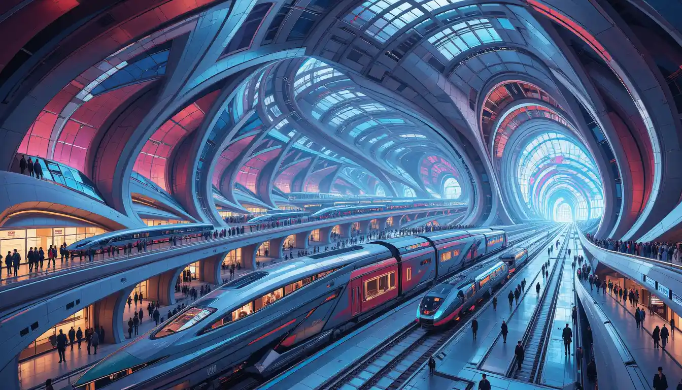 Futuristic Train Station With Organic Architecture And Neon Light