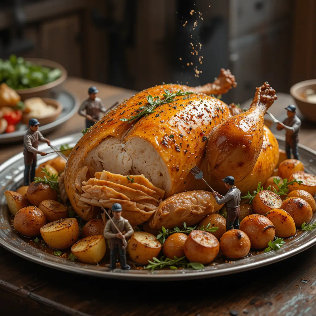 Poulet rôti doré avec de minuscules travailleurs préparant le dîner