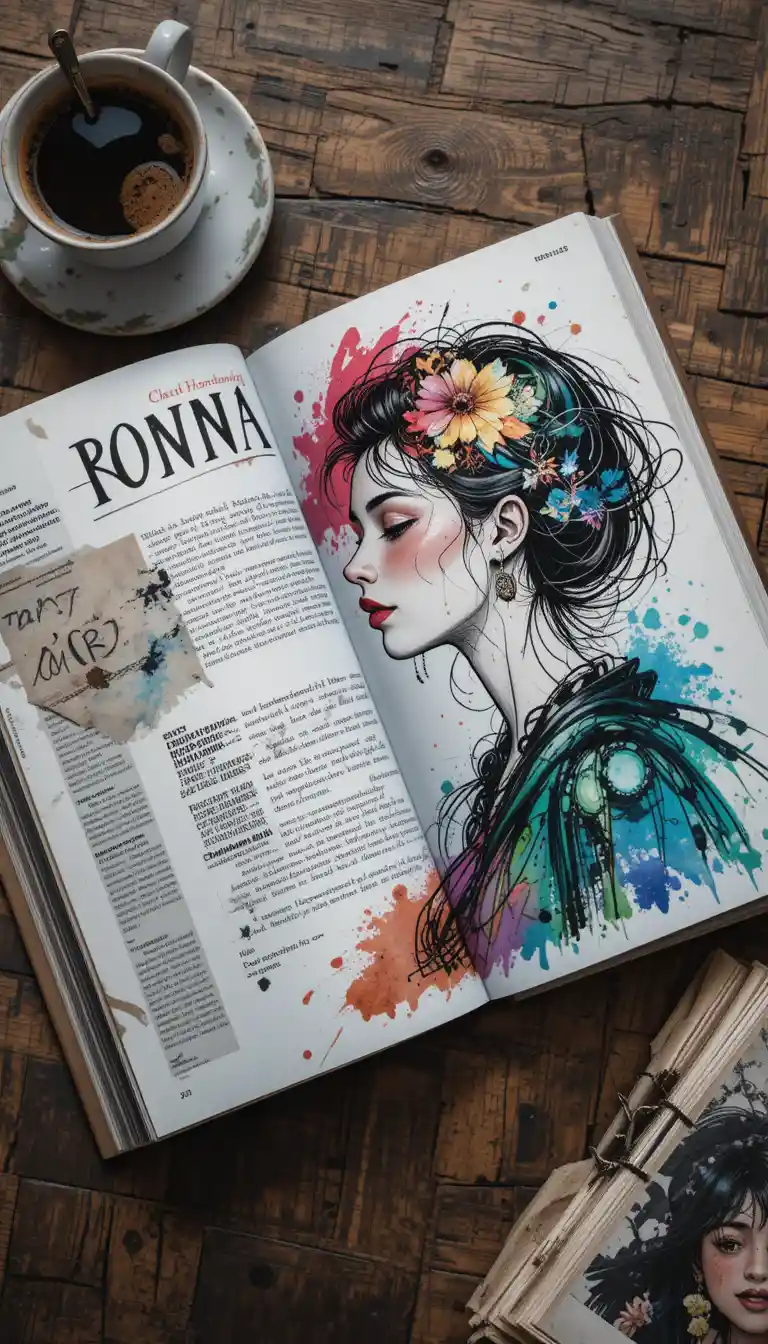 Rivista di gossip di moda con profilo illustrato di ragazza
