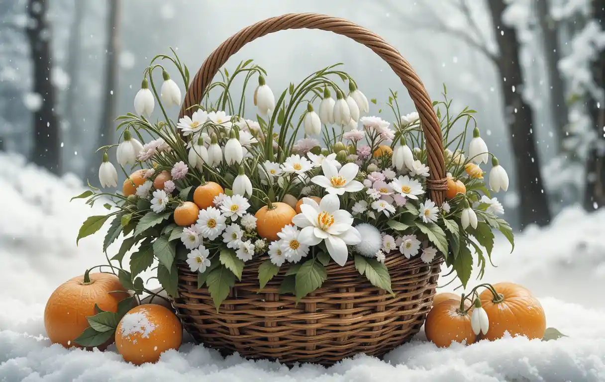 Cesta de galantos, prímulas y naranjas en la nieve