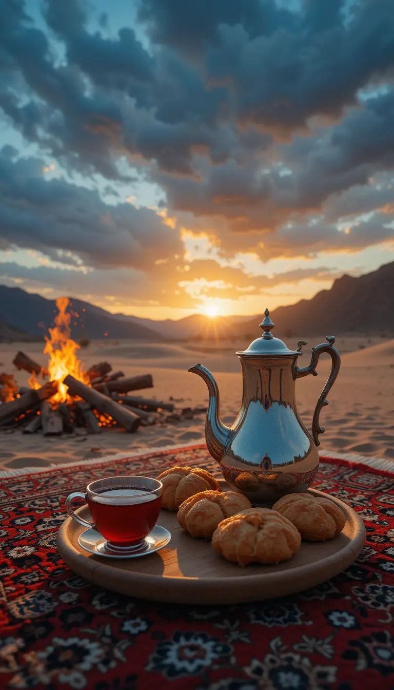 Bule de prata e doces sobre um tapete em uma fogueira no deserto