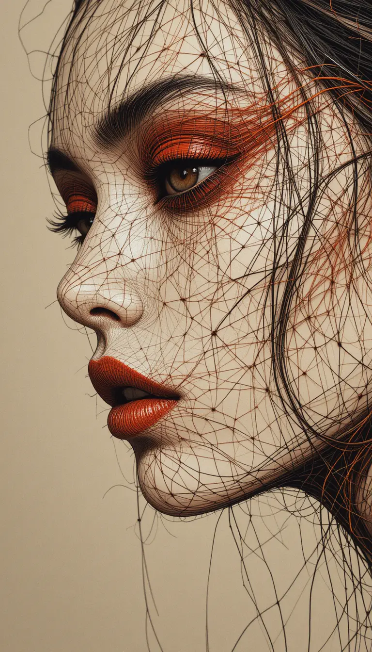 Ritratto a disegno lineare tipo filo di una donna con ombretto rosso