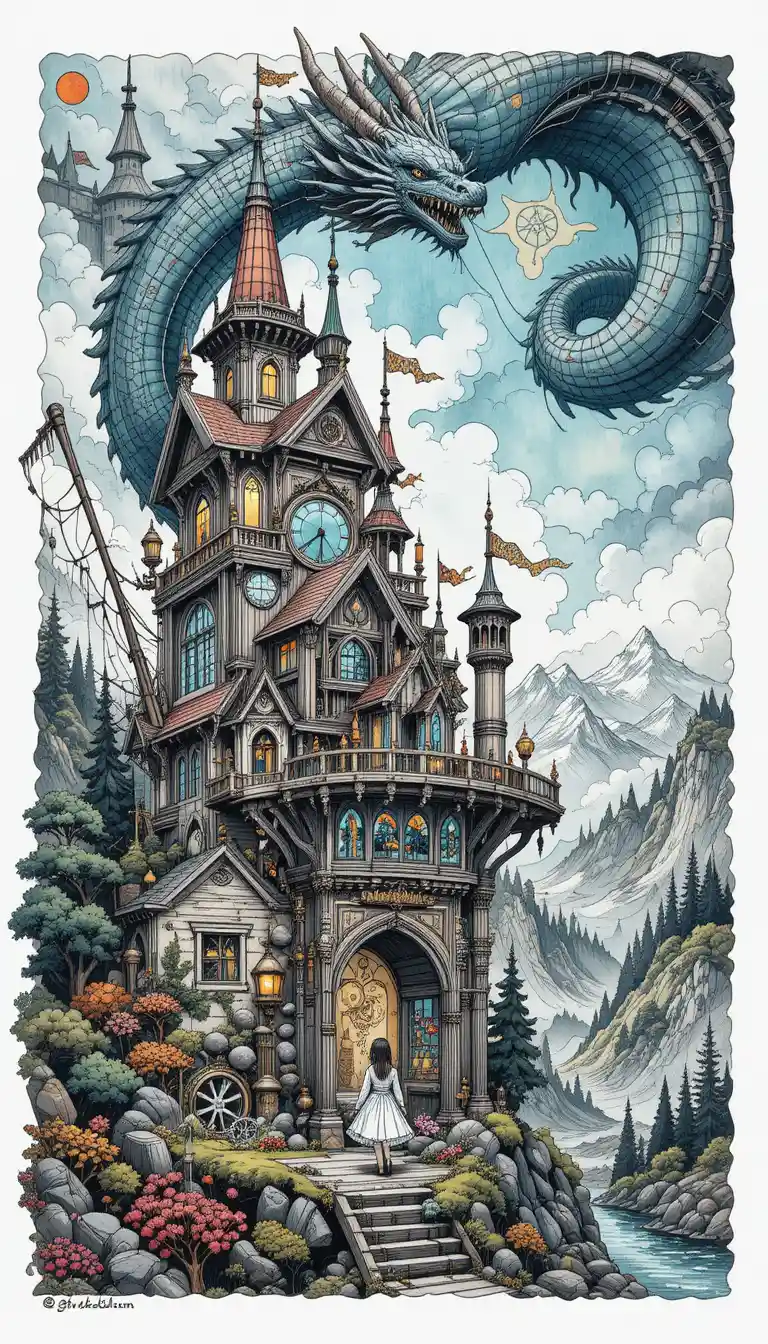 Illustrazione di un castello steampunk fiabesco in un mondo fantasy