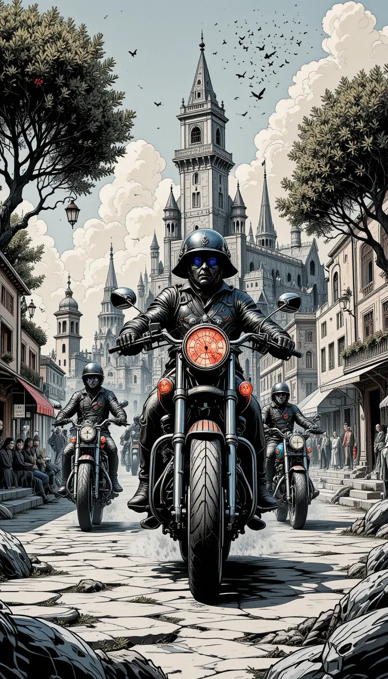 Motos de fantasia correndo por uma rua de cidade portuária