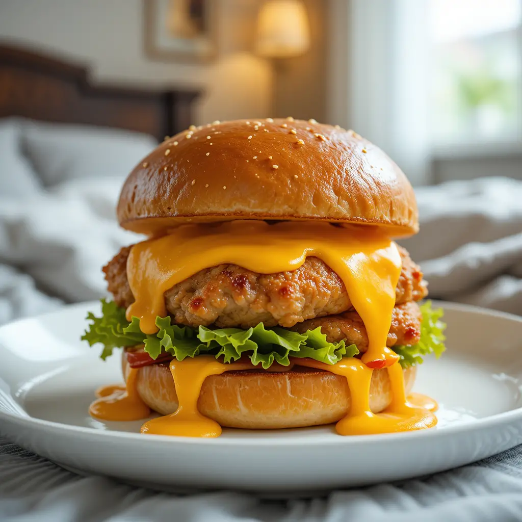Saftiger Chicken-Burger mit geschmolzenem Käse auf weißem Teller