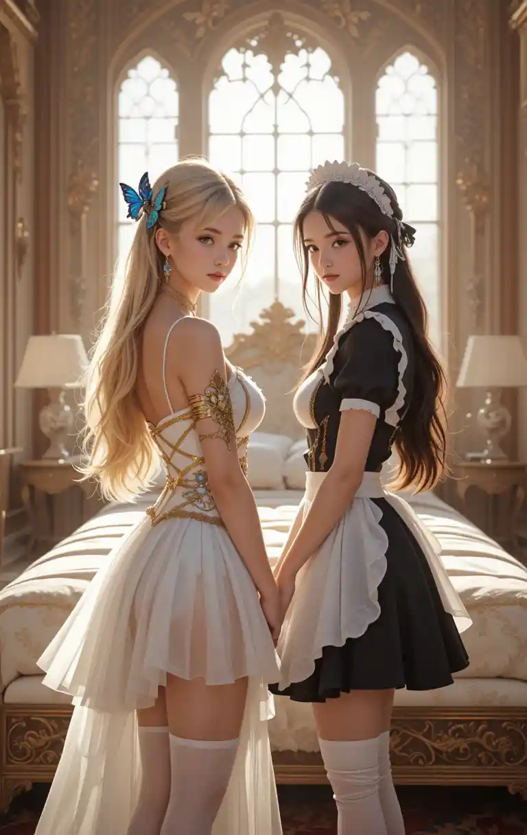 Due ragazze fantasy in una camera da letto di palazzo illuminata dal sole