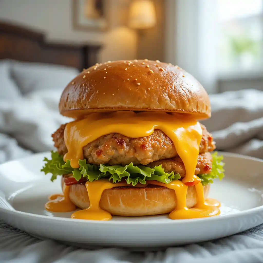 Saftiger Chicken-Burger mit geschmolzenem Käse auf weißem Teller