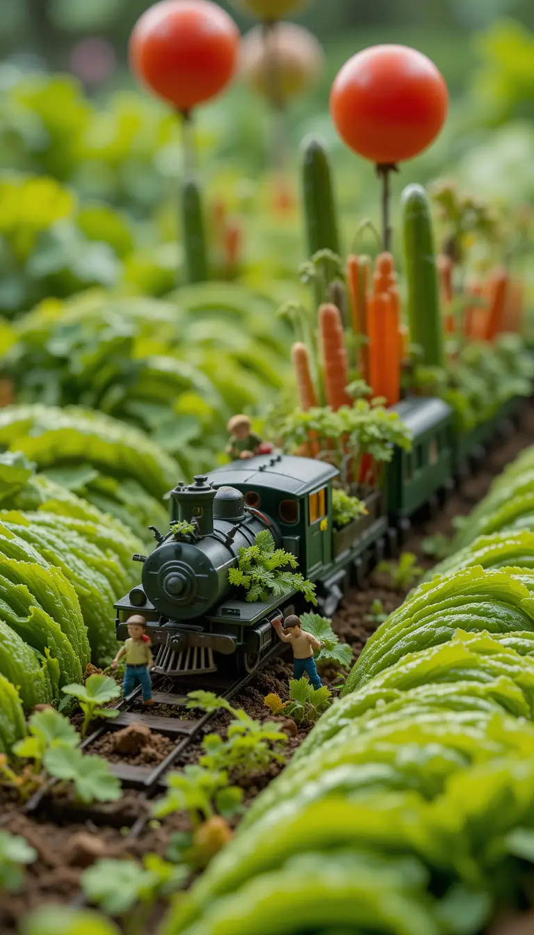 Jardiniers miniatures marchant à travers un paysage géant de salade