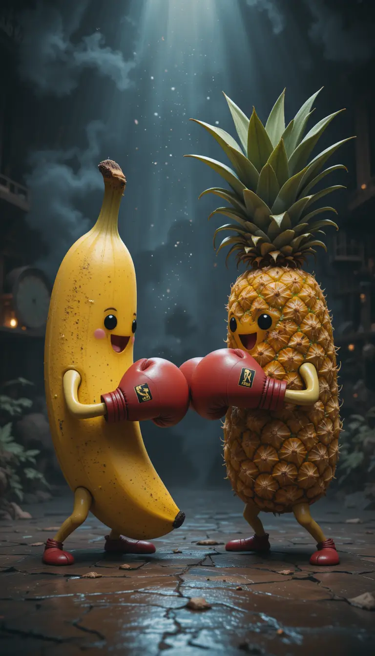 Banana e ananas carini che fanno boxe in un'illustrazione drammatica