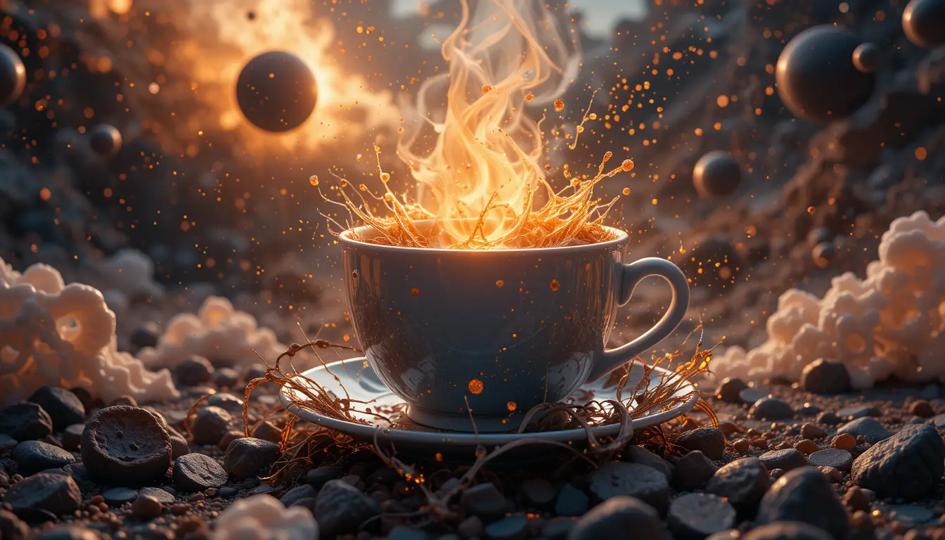 Hot coffee cup against a futuristic cosmic background
