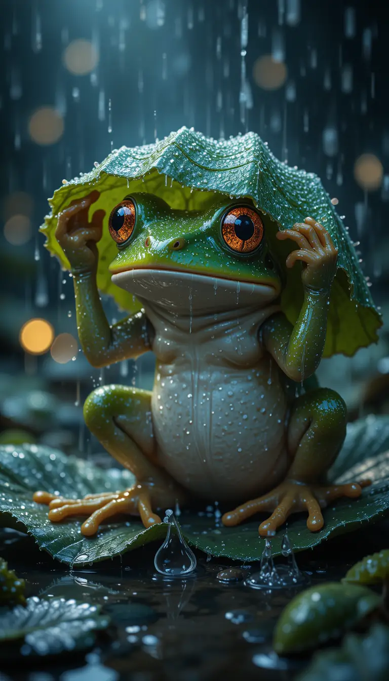 雨の中で葉っぱの傘をさして座るかわいいカエル