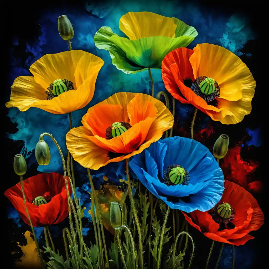 Abstrakte Mohnblumen in kräftigen Primärfarben