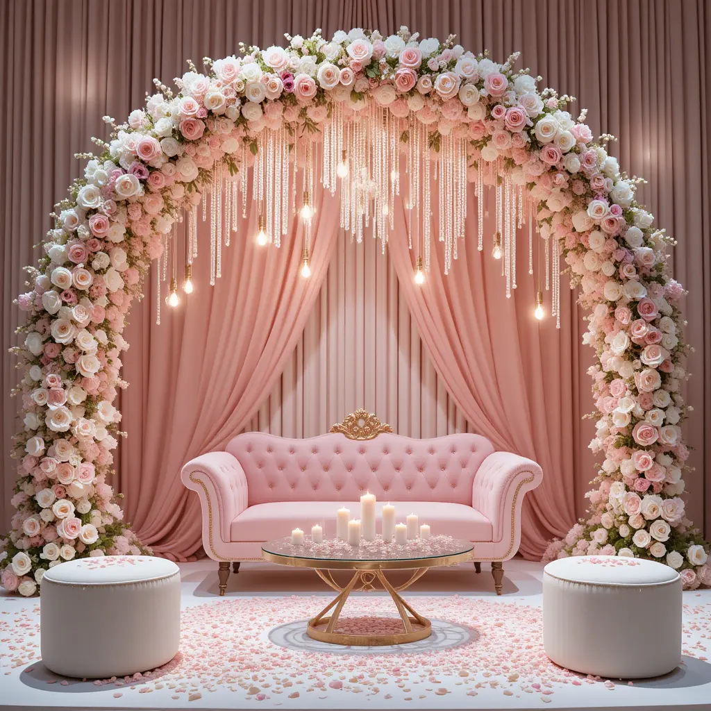 Scène romantique pastel avec arche florale et canapé rose