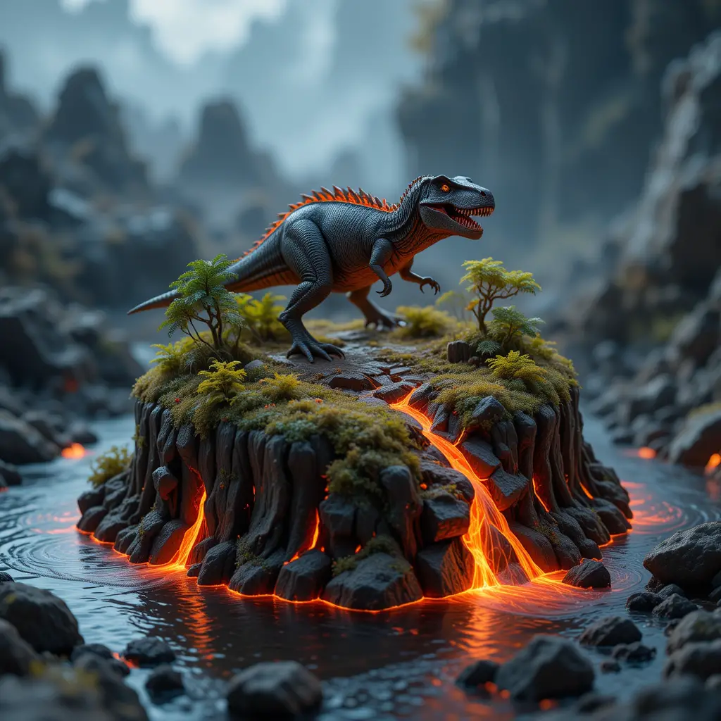 Petit dinosaure debout sur une île miniature entourée de lave