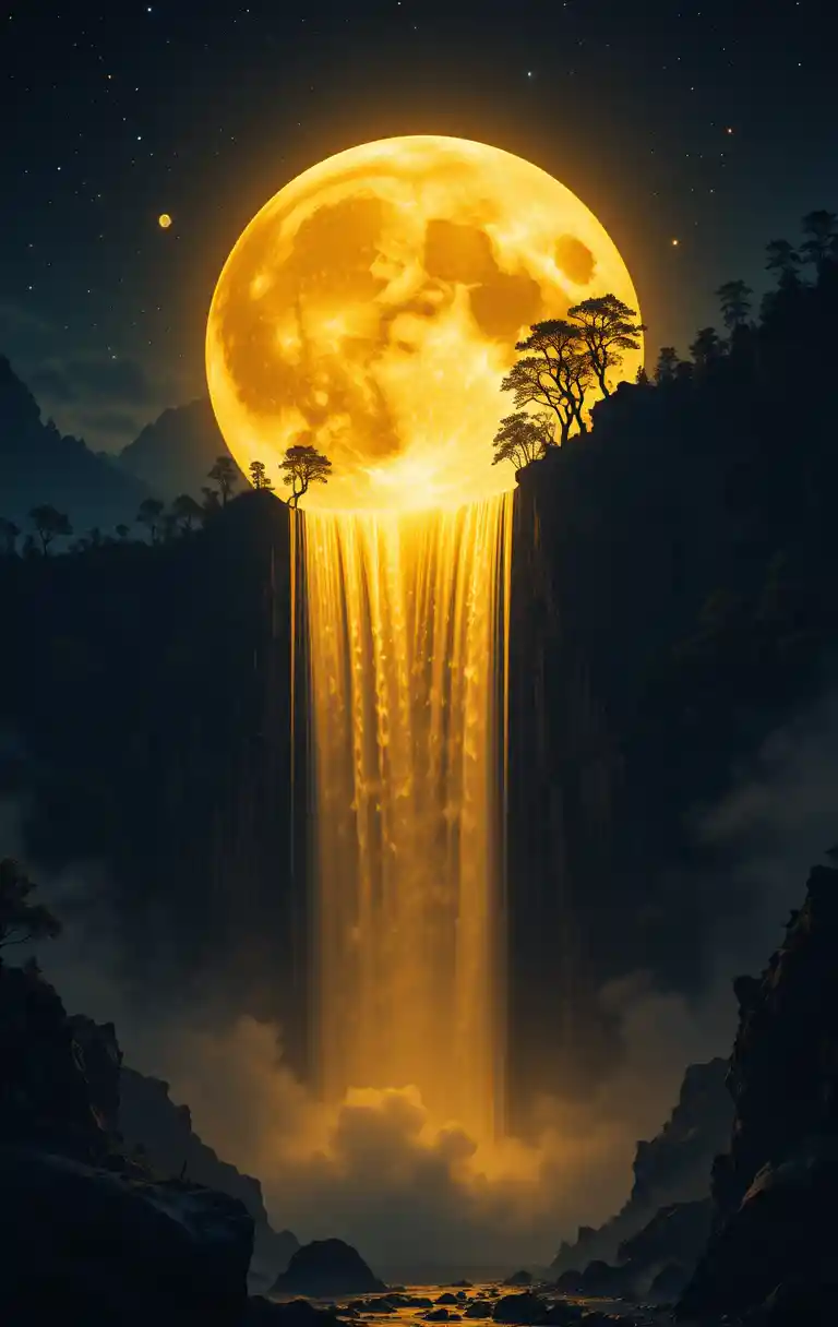 Cascata surreale al chiaro di luna che sgorga da una luna piena dorata