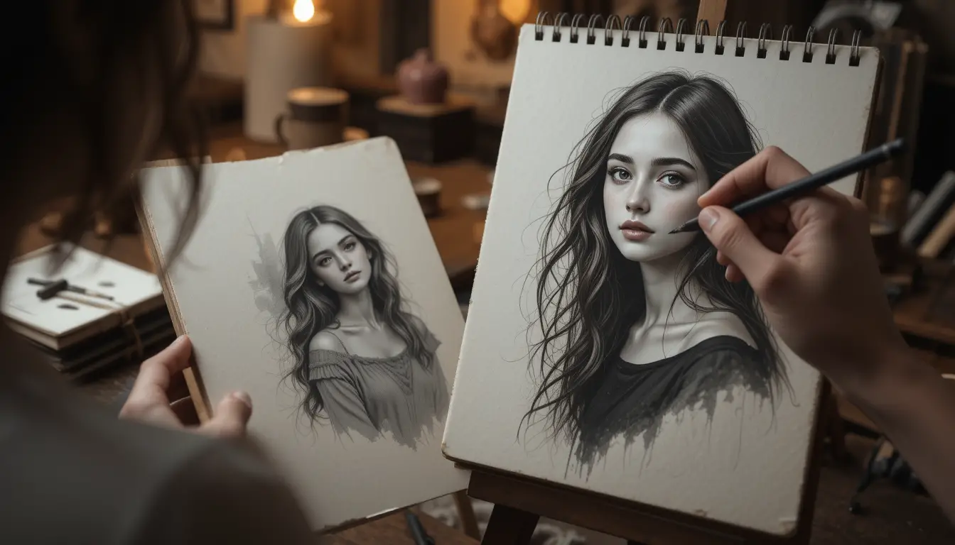 Jeune fille calme posant pour un élégant portrait au fusain